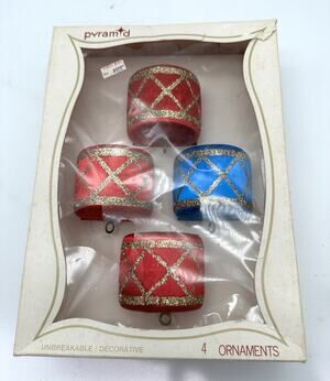 Set of 4 VTG Pyramid Red BlueGlitter Drum Christmas Ornaments w/ Box Satin Sheen